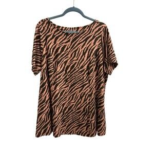 Denim & Co Womens Pink Black Zebra Top Princess Seams Flare Hem Animal Print 1X